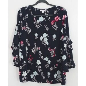 Charter Club Navy Blouse Women's Size 1X Blue Floral Print Bell Sleeve Pre-owned